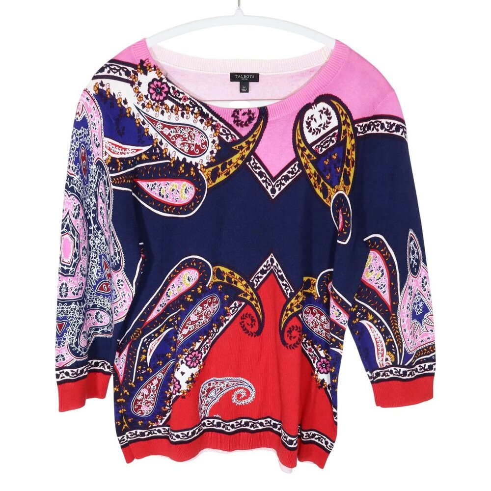 TALBOTS Bold Paisley 3/4 Sleeve Lightweight Cotton Blend Pullover Sweater Lp